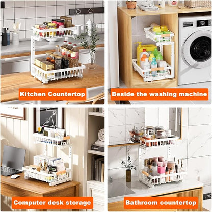 Under Sink Organizer, 2 Pack 2 Tier Under Sink Organizers and Storage, Slide Out Pull Out Cabinet Organizer Shelf, Height Adjustable Metal Drawer for Kitchen Bathroom Closet Organization Rack White