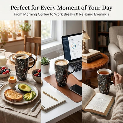 Topadorn 17oz Ceramic Travel Mug with Lid and Handle, Black Floral Coffee Cup, Tall Porcelain Mug, Microwave & Dishwasher Safe, Gift Box Included