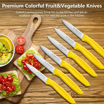 Paring Knife,Stainless Steel Paring Knives Set of 6,Super Sharp Vegetable&Fruit Knife,Straight Edge Paring Knifes,PP Plastic Ergonomic Handle,Yellow Peeling Knifes