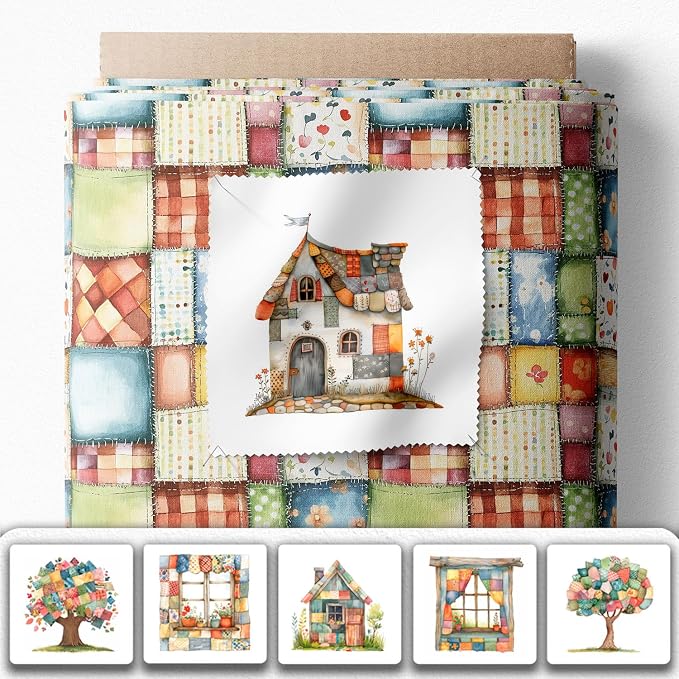 Patchwork Cozy Cottage Cotton Fabric Panel – 6 Designs (10×10 inch Each) + Bonus Sheet 29.5×19.6 inch, 100% Cotton 140 GSM, Made in Türkiye