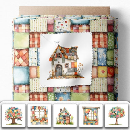Patchwork Cozy Cottage Cotton Fabric Panel – 6 Designs (10×10 inch Each) + Bonus Sheet 29.5×19.6 inch, 100% Cotton 140 GSM, Made in Türkiye