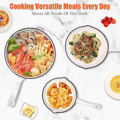 Nonstick Enameled Cast Iron Cookware - 3 enameled cast iron skillet 8-Inch, 9.5" Frying Pan & 11-Inch Large Cookware, Healthy Non Toxic Cooking Pan, PFOA PFAS PTFE Free, White