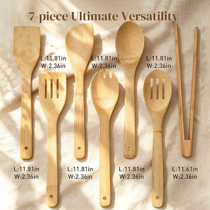 HANSGO 7-Piece Bamboo Kitchen Utensils Set, Wooden Spoons & Spatulas for Nonstick Cookware, Lightweight Heat-Resistant Cooking Tools with Comfortable Grip, Kitchen Gift Set