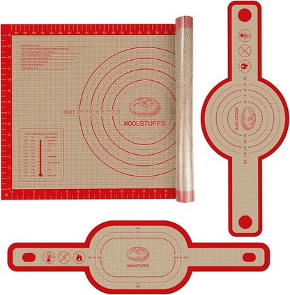 Silicone Bread Sling and Pastry Mat, 3 PCS Non-Stick & Easy Clean Reusable Silicone Bread Baking Mat with Long Handles, Easy to Transfer Sourdough Bread (Pastry Mat＆Oval and Round Bread Sling, Red)