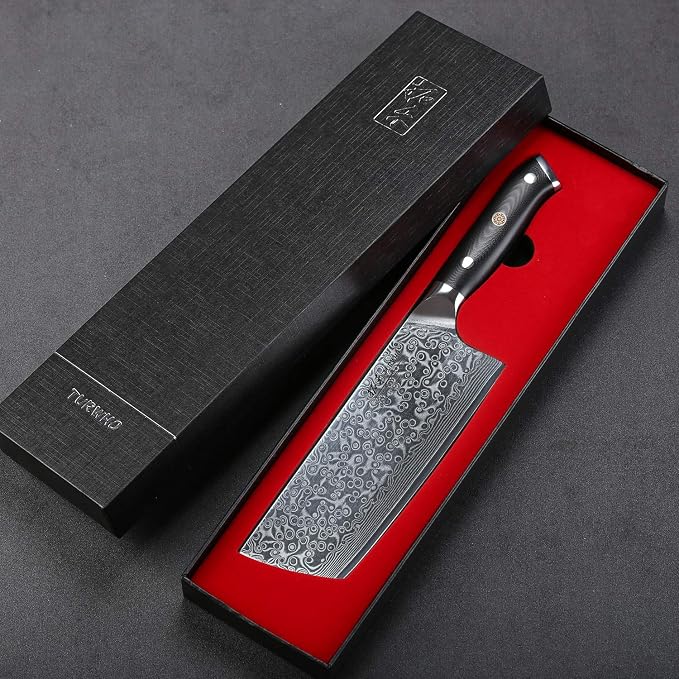 TURWHO Professional Nakiri Knife 7 Inch - Classic Damascus pattern Japanese VG-10 Steel Chef Knives