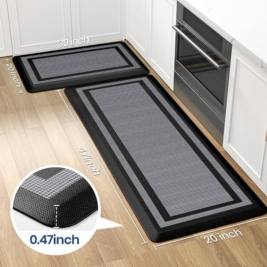 KitchenClouds [2 PCS] Kitchen Rugs Cushioned Anti-Fatigue Kitchen Mats for Floor Waterproof Kitchen Rug Set Non-Slip Comfort Standing Mat for Office, Sink, Laundry 20"×30"+20"×47",Black