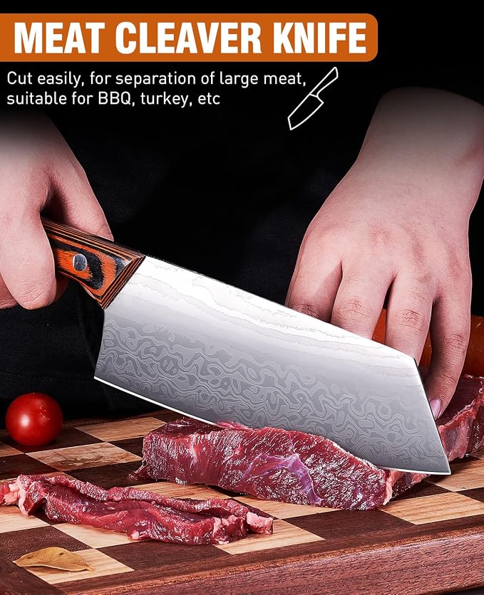 Naitesen 3PCS Professional Kitchen Knife Set,Very Sharp Meat Cleaver Chef Knife Serrated Bread Knife for Meat Vegetable Cutting Home Cooking Gifts for Men Women