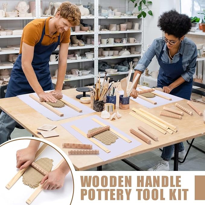 Colingmill 16 Pcs Christmas Pottery Teaching Rolling Mud Stick Guide and Clay Rollers Textured Set Includes 10 Pcs 5 Size Wooden Rolling Pin Guides Sticks 6 Patterns Clay Modeling Pattern Rollers