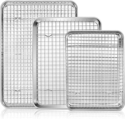 16"+12.5"+9" Baking Sheet with Wire Rack, Leonyo Stainless Steel Baking Sheet & Cooling Rack, Commercial Nonstick Cookie Tray Pan for Kitchen Cooking, Oven Roasting - 6 Pack