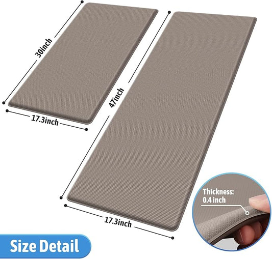StepLively Kitchen Mat, 2 PCS Kitchen Rugs, Cushioned Kitchen Mats for Floor, Anti Fatigue Kitchen Rug Set, Non-Skid Standing Mat for Kitchen, Office, Sink, 17.3"×30"+17.3"×47", Khaki