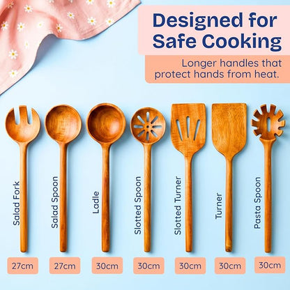 Non-Toxic Wooden Spoons for Cooking– 7-Piece Kitchen Utensils Set, Glue-Free & One-Piece Cooking Utensils, Natural Wooden Utensil Set with Plant-Based Finish, Free of Forever Chemicals