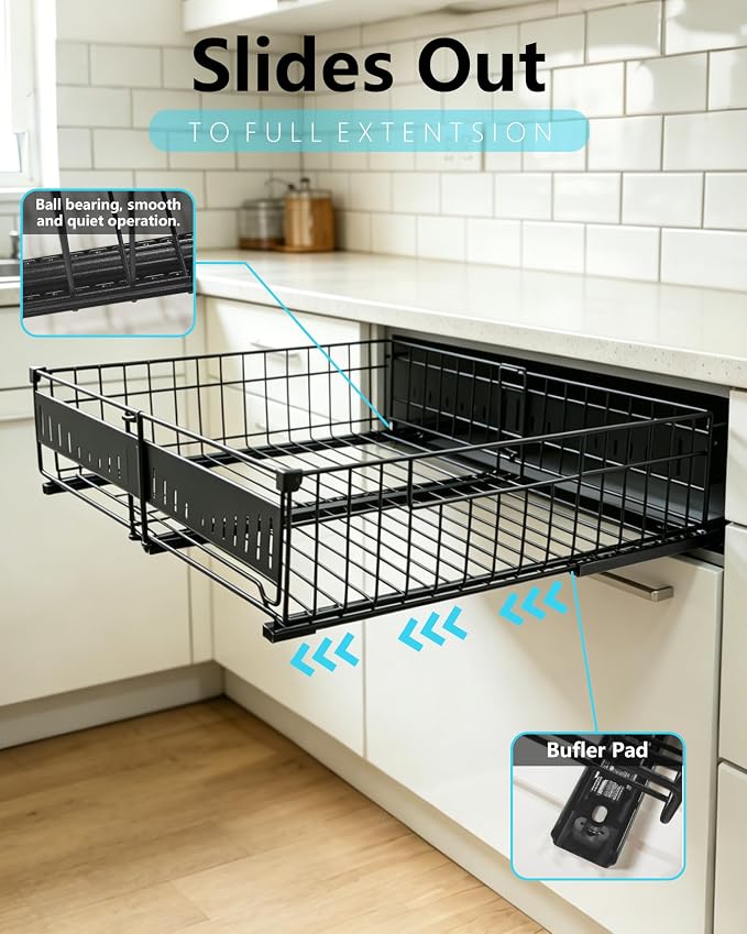 KimHong 2 Pack Pull Out Cabinet Organizer, Expandable Drawer Organizer with Adjustable Width 12.4"-19.5", Adhesive No Drill Under Cabinet Shelves for Home Kitchen Pantry with Silent Slides
