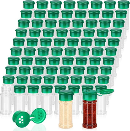 Amyhill 100 Pcs Plastic Spice Bottles Spice Jars with Green Cap Seasoning Jars Shaker 2 Oz/ 60ml Clear Bottle Containers with Shaker Lids for Storing Herbs and Seasoning Powders