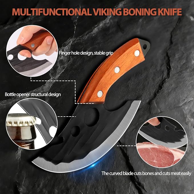 2 Pcs Meat Cleaver Knife Set, Effort Saving Meat Cleaver for Cutting Meat Vegetable, Sharp Carbon Steel Cooking Viking Knife with Leather Sheath for Kitchen, Camping, Outdoor Cooking, BBQ Gift