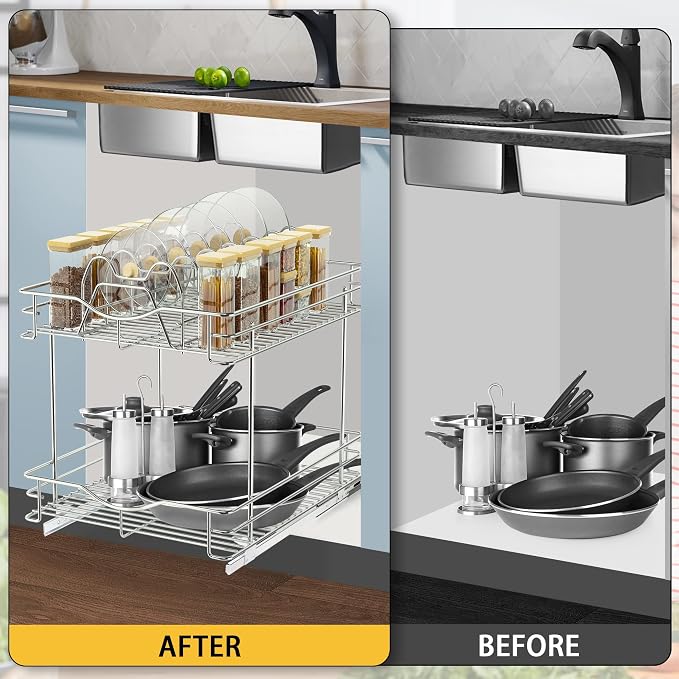 FULGENTE Professional Pull Out Cabinet Organizer Rack for Lid Cookware 14" W x 18" D 2 Tier Slide Out Kitchen Cupboard Under Sink Shelves Storage Pullout Pan Pot Organizer Wire Frame Chrome Finish