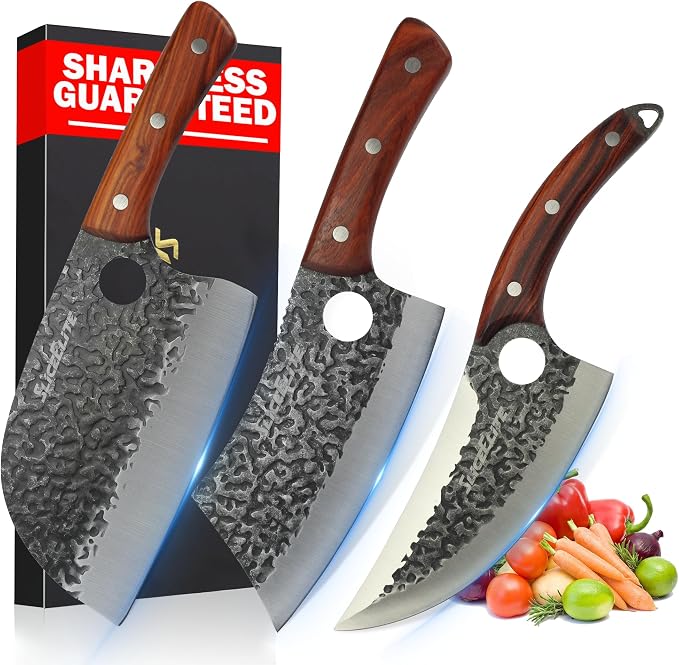 SliceElite Hand-Forged Professional Butcher Knife (3 PC BUTCHER KNIFE SET W/SANDLEWOOD HANDLES)