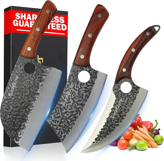 SliceElite Hand-Forged Professional Butcher Knife (3 PC BUTCHER KNIFE SET W/SANDLEWOOD HANDLES)