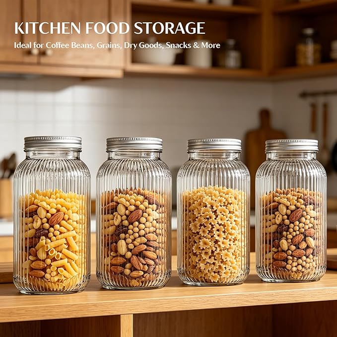 INSETLAN 64 oz Wide Mouth Glass Mason Jars, Set of 2, Ribbed Canning Jars for Sourdough Starter, Pickling, Fermentation, Sun Tea & Pantry Storage, Refrigerator Safe