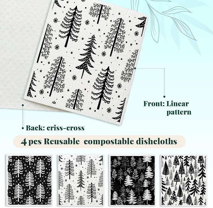 Christmas Pine Tree Swedish Dishcloths for Kitchen, Swedish Dish Cloths for Pine Tree, Black and White Christmas Towels, 4 Pack for Papaya Reusable Paper Towels Washable, Sponge Cloths