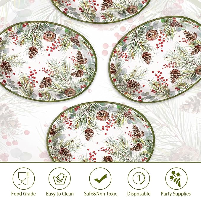 50Pcs Christmas Oval Paper Plates 10" x 12" Large Heavy Duty Watercolor Xmas Pine Cones Disposable Plates Winter Eucalyptus Holly Berry Dessert Platters for Merry Christmas Party Supplies Decor