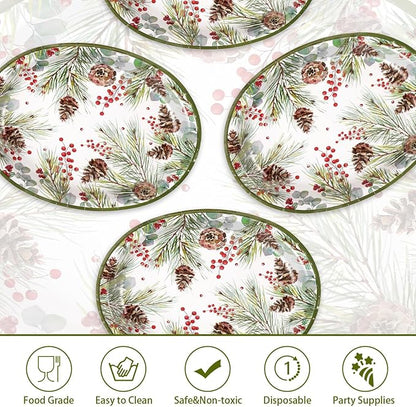 50Pcs Christmas Oval Paper Plates 10" x 12" Large Heavy Duty Watercolor Xmas Pine Cones Disposable Plates Winter Eucalyptus Holly Berry Dessert Platters for Merry Christmas Party Supplies Decor