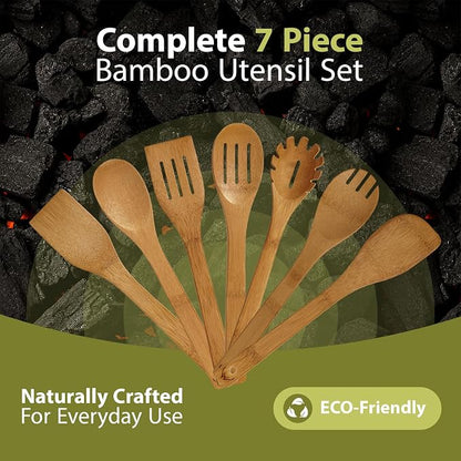 7PCS Carbonized Bamboo Wooden Spoons for Cooking Set, Premium Kitchen Utensils for Nonstick Cookware, Durable Wooden Cooking Tools