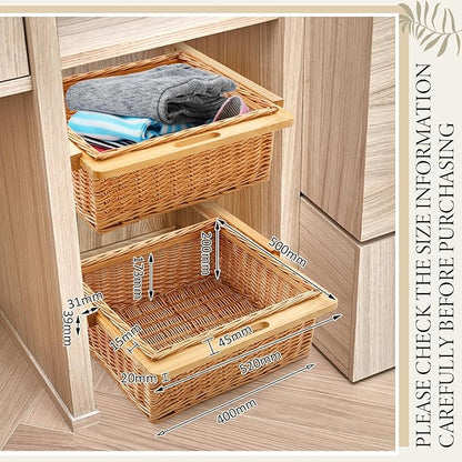 Rustic Wicker Pull out Cabinet Organizer Basket Drawers with Frame and Runners Slide 20" W x 20" l x 8" H for Kitchen Shelf Pantry Storage, Easy DIY Installation