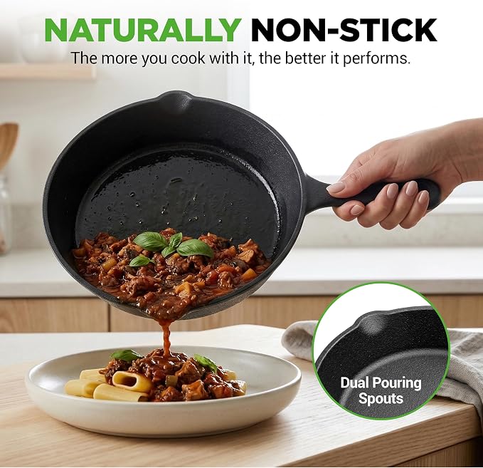 NutriChef Pre-Seasoned Cast Iron Skillets - 3 Pieces Cast Iron Cookware Set w/Drip Spout and Scraper - Compatible with Induction, Electric Stovetop, Gas, & Ceramic - NCCI76