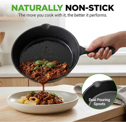 NutriChef Pre-Seasoned Cast Iron Skillets - 3 Pieces Cast Iron Cookware Set w/Drip Spout and Scraper - Compatible with Induction, Electric Stovetop, Gas, & Ceramic - NCCI76