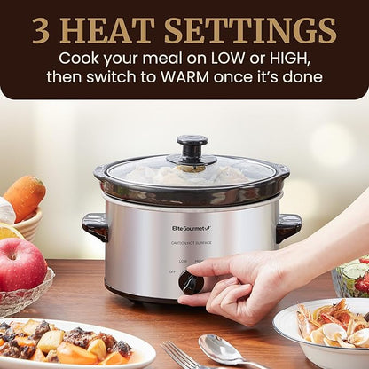 Elite Gourmet MST-275XS Electric Oval Slow Cooker, Adjustable Temp, Entrees, Sauces, Stews & Dips, Dishwasher Safe Glass Lid & Crock (2 Quart, Stainless Steel)