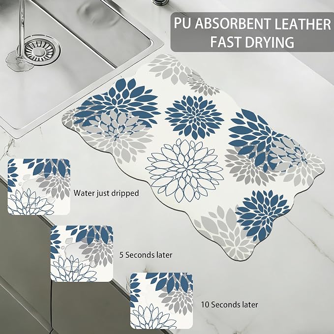 Baccessor 2PCS Dahlia Pinnata Flower Scalloped Dish Drying Mat and Sink Splash Guard,Super Absorbent Cuttable Kitchen Counter Mat Rubber Backing Drying Kitchen Mat Kitchen Accessories 16"x24"+21"x5.5"