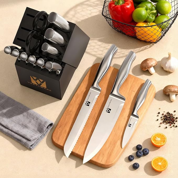 Knife Block Set, Razor-Sharp Kitchen Knife Set, Stainless Steel Knife Set with Block, 14 Pieces Knives Set for Kitchen, Black Chef Knife Sets, Dishwasher Safe, Gifts for Men