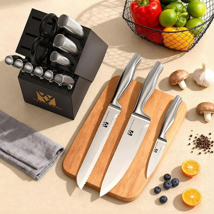 Knife Block Set, Razor-Sharp Kitchen Knife Set, Stainless Steel Knife Set with Block, 14 Pieces Knives Set for Kitchen, Black Chef Knife Sets, Dishwasher Safe, Gifts for Men