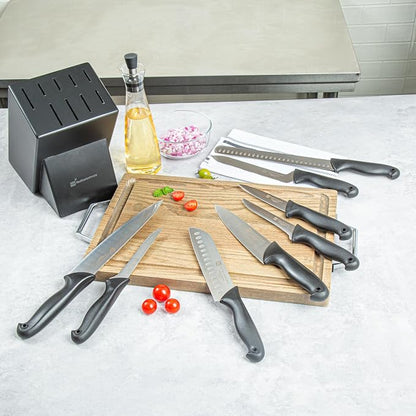 Restaurantware Sensei 8-Piece Knife Set 1 With Colored Coded Pins Professional Knife Set For Chefs - Razor Sharp Stain-Resistant Black German Steel Steel Knife Set Ergonomic Handle