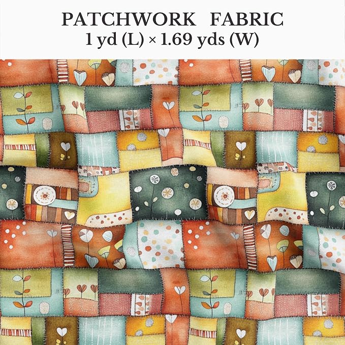 Patchwork Cotton Fabric Panel 61 x 36.6 Inches, Scandinavian Heart Pattern Quilt Style, Multicolor Rustic Design, 100% Cotton 140 GSM