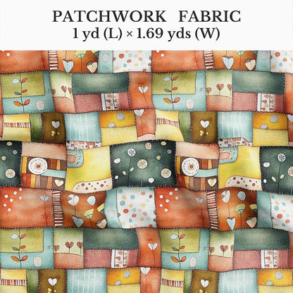 Patchwork Cotton Fabric Panel 61 x 36.6 Inches, Scandinavian Heart Pattern Quilt Style, Multicolor Rustic Design, 100% Cotton 140 GSM