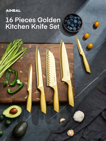 Aiheal Knife Set, 16 Pieces High Carbon Stainless Steel Golden Color Kitchen Knife Set, Titanium Coating Blade, No Rust and Super Sharp Cutlery with Acrylic Stand and Kitchen Scissors, Gift