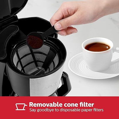Holstein Housewares 5 Cup Drip Coffee Maker – Compact and User-Friendly with Auto Pause & Serve, Reusable Filter, Measuring Spoon & Glass Carafe, Office & Dorm Use, Black