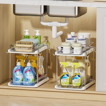 Delamu 2 Tier Under Sink Organizer Bathroom, Bathroom Cabinet Organizer with Snap-Lock Design and Hooks, Pull Out Storage with Movable Dividers, for Countertop, Kitchen and Pantry (White, 4 Pack)