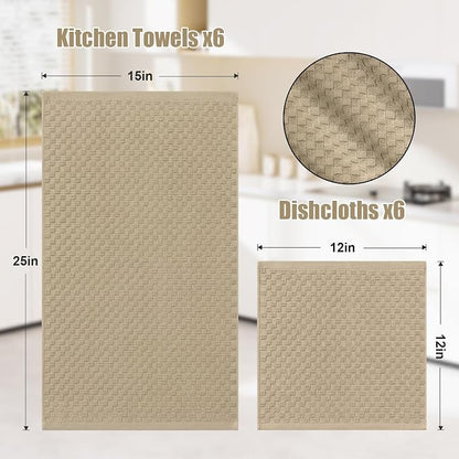 Homaxy 100% Cotton Kitchen Towels and Dishcloths Set, 12 x 12 & 15 x 25 Inches, Set of 12 Bulk Terry Cloth Dish Towels, Super Soft and Absorbent Hand Towel with Hanging Loop, Tan