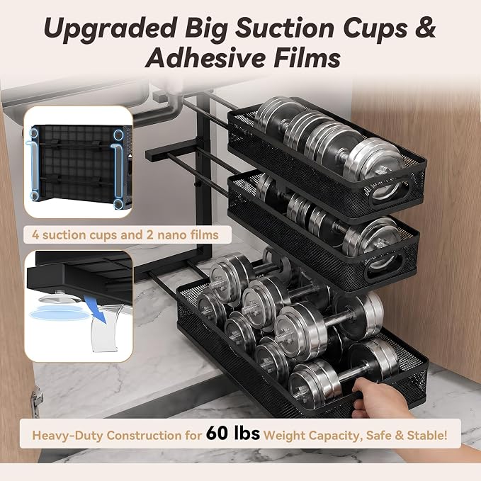 3-Tier Under Sink Organizer 2-Pack, Thickened Metal Pull out Cabinet Shelf, Height Adjustable Slide Out Drawer Storage Rack for Bathroom Kitchen Pantry Laundry Home Office Organization (Black)