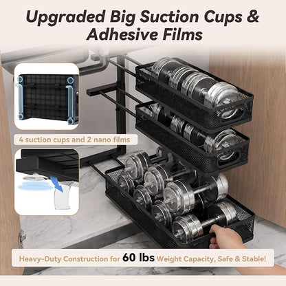 3-Tier Under Sink Organizer 2-Pack, Thickened Metal Pull out Cabinet Shelf, Height Adjustable Slide Out Drawer Storage Rack for Bathroom Kitchen Pantry Laundry Home Office Organization (Black)