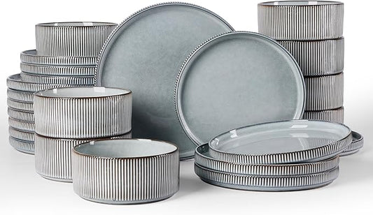 Famiware Star 24-Piece Plates and Bowls Set with Trim, Service for 8 - Stoneware Reactive Glaze Dinnerware, High Edge Ribbed Dishes, Chip & Scratch Resistant, Microwave & Dishwasher Safe, Smoky Blue
