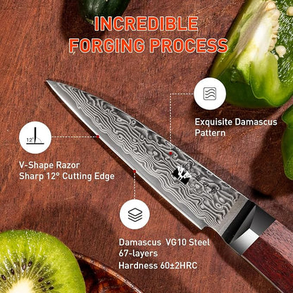 Damascus Paring Knife 3.5-inch Fruit and Vegetable Paring Knife 67-Layer Damascus with VG10 Cutting Core Peeling Knife with Full Tang Ergonomic Natural Wood Handle for Peeling