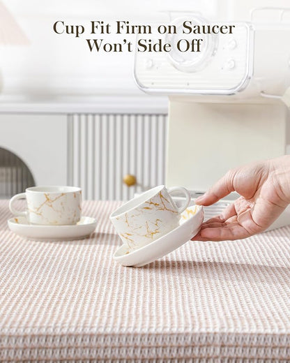 MALACASA 4 OZ Porcelain Espresso Cups with Saucers and Metal Stand Set of 4, Stackable Cappuccino Cups, Marble White Expresso Shots Cup Set for Coffee Drinks, Latte, Tea
