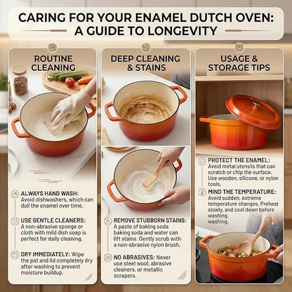 YJX Cast Iron Dutch Oven Pot with Lid, Enameled Cast Iron Pot, Orange Bread Dutch Oven, 4QT Heavy-Duty Cookware Oven Safe to 500°F for Bread Baking, Braising, Stews, Roasting