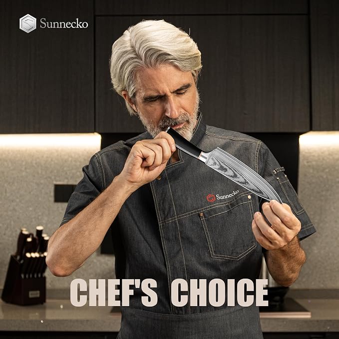 Sunnecko 8 Inch Chef Knife, Japanese Damascus VG10 Professional Kitchen Blade for Meat Vegetable Slicing, Ultra Sharp Cooking Tool with Manual Sharpener & Gift Box Packaging, Multi-purpose Chefs Knife