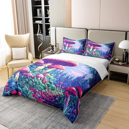 Twin Size Duvet Cover Trippy Mushroom 100% Pure Cotton Bedding Set Pixelated Video Games Bedding Set (No Filler) Nature Wild Plants Comforter Cover for Room Decor 2 PCS