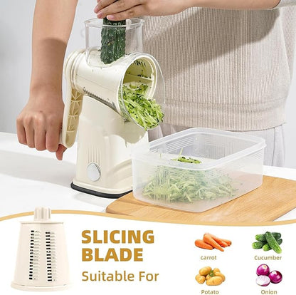 Rotary Cheese Grater with Handle, Vegetable Shredder with 5 Replaceable Blades & Strong Suction Base, Round Food Slicer & Chopper for Kitchen Fruit Vegetables Nuts with Blade Storage Box (Beige)