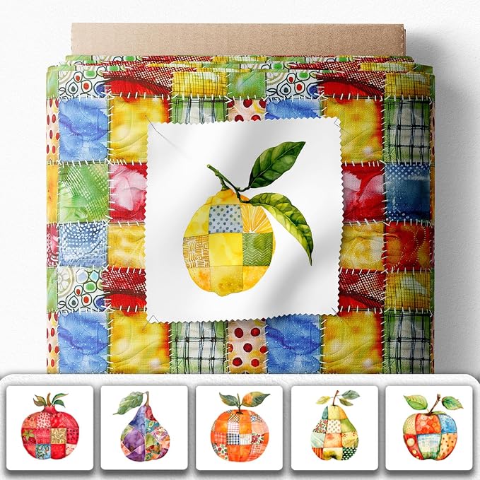 Fruit Patchwork Cotton Fabric Panel – 6 Fruit Designs (10×10 inch Each) + Bonus Patchwork Sheet 29.5×19.6 inch, 100% Cotton 140 GSM